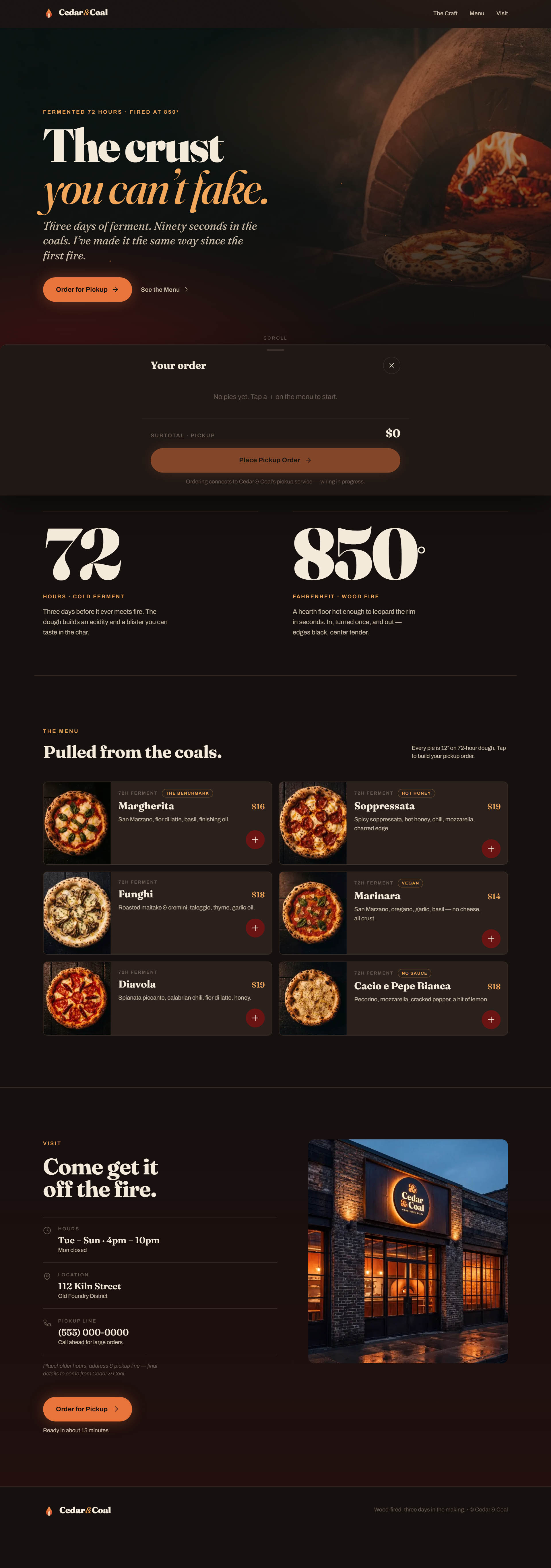 Cedar & Coal Pizza landing page